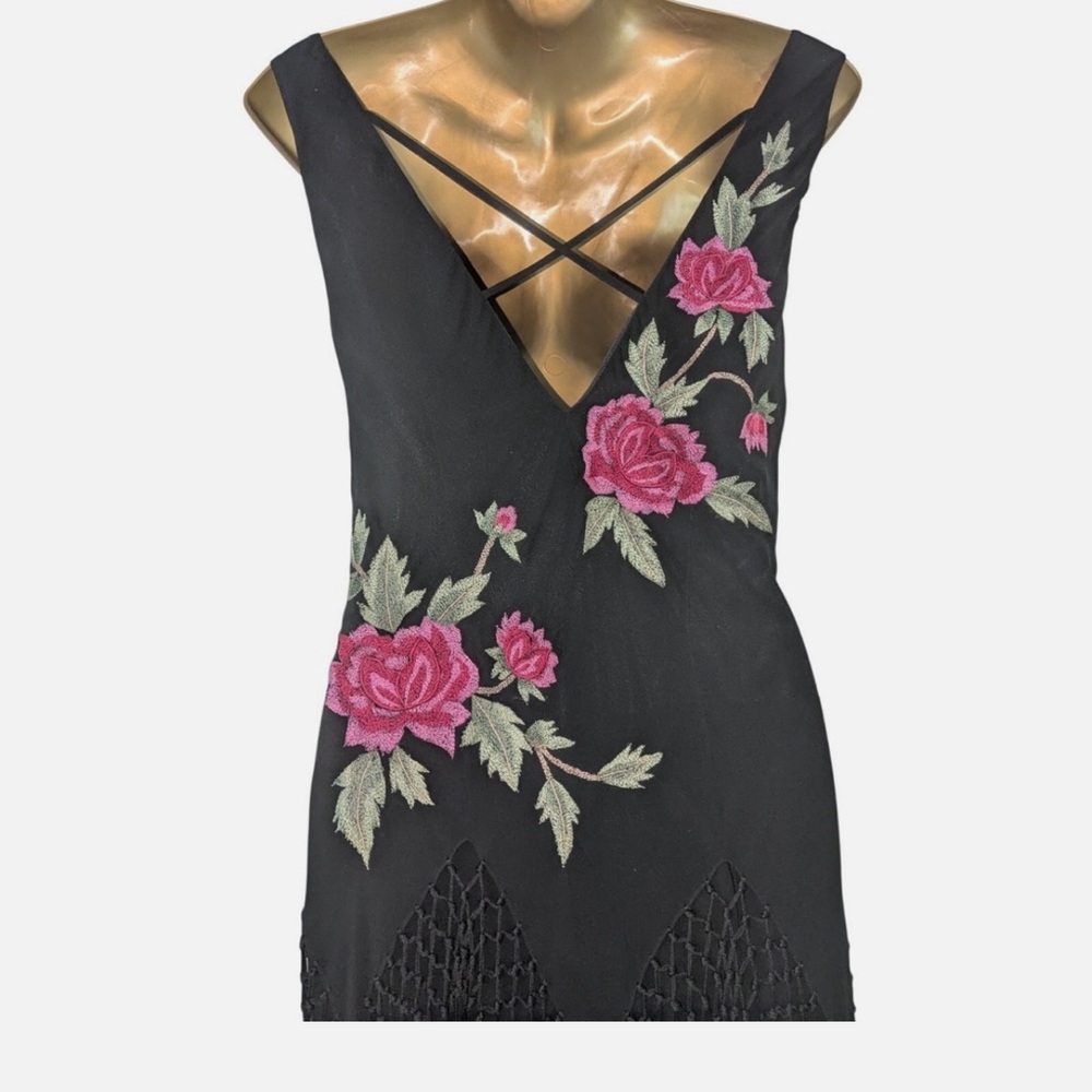 Sue Wong Vintage Y2K Black Silk Embroidered Fringed Dress | Size 4 - Picture 4 of 4